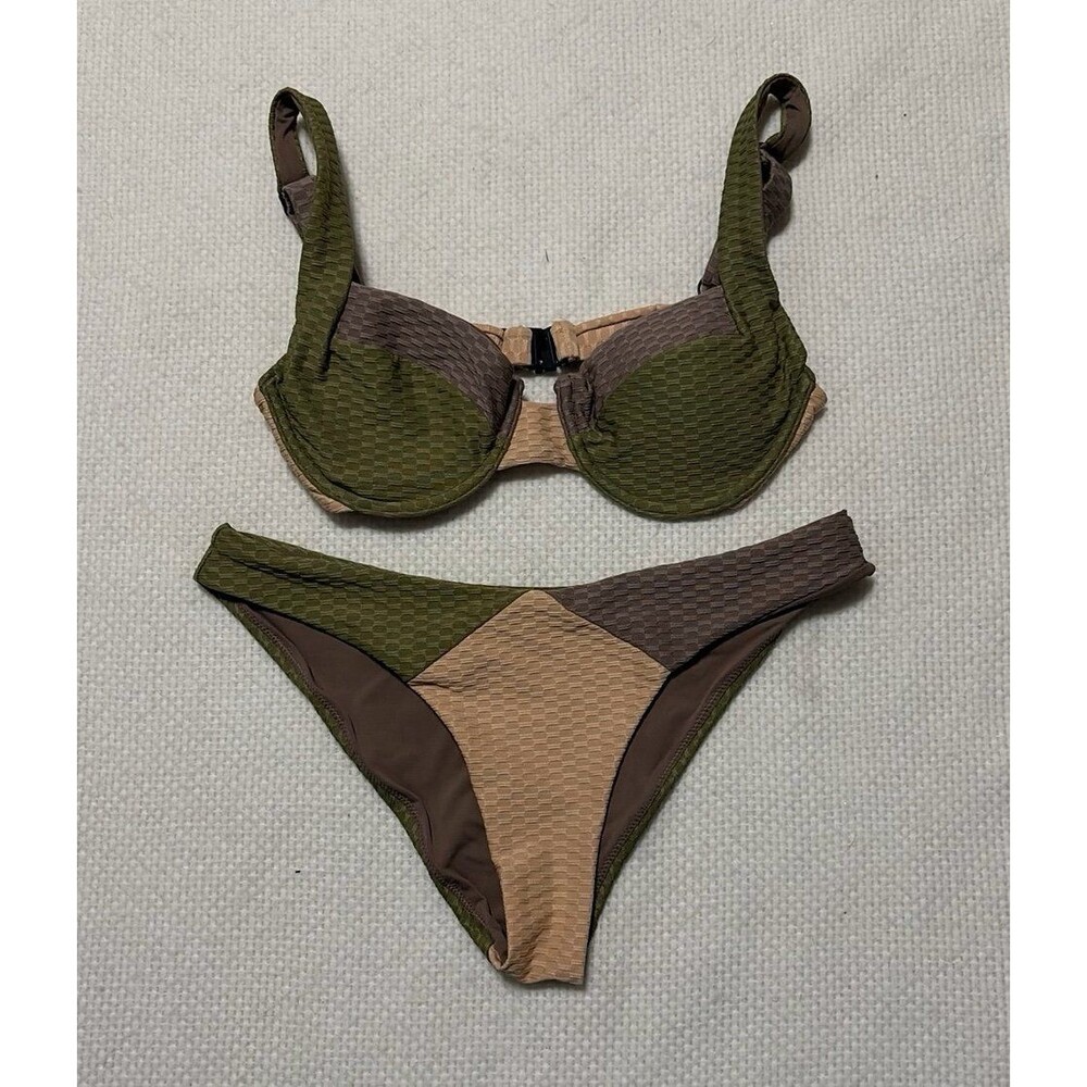 Vetchy Made in Spain Colorblock Green Brown Tan Underwire Bikini 2 Piece Swimsui